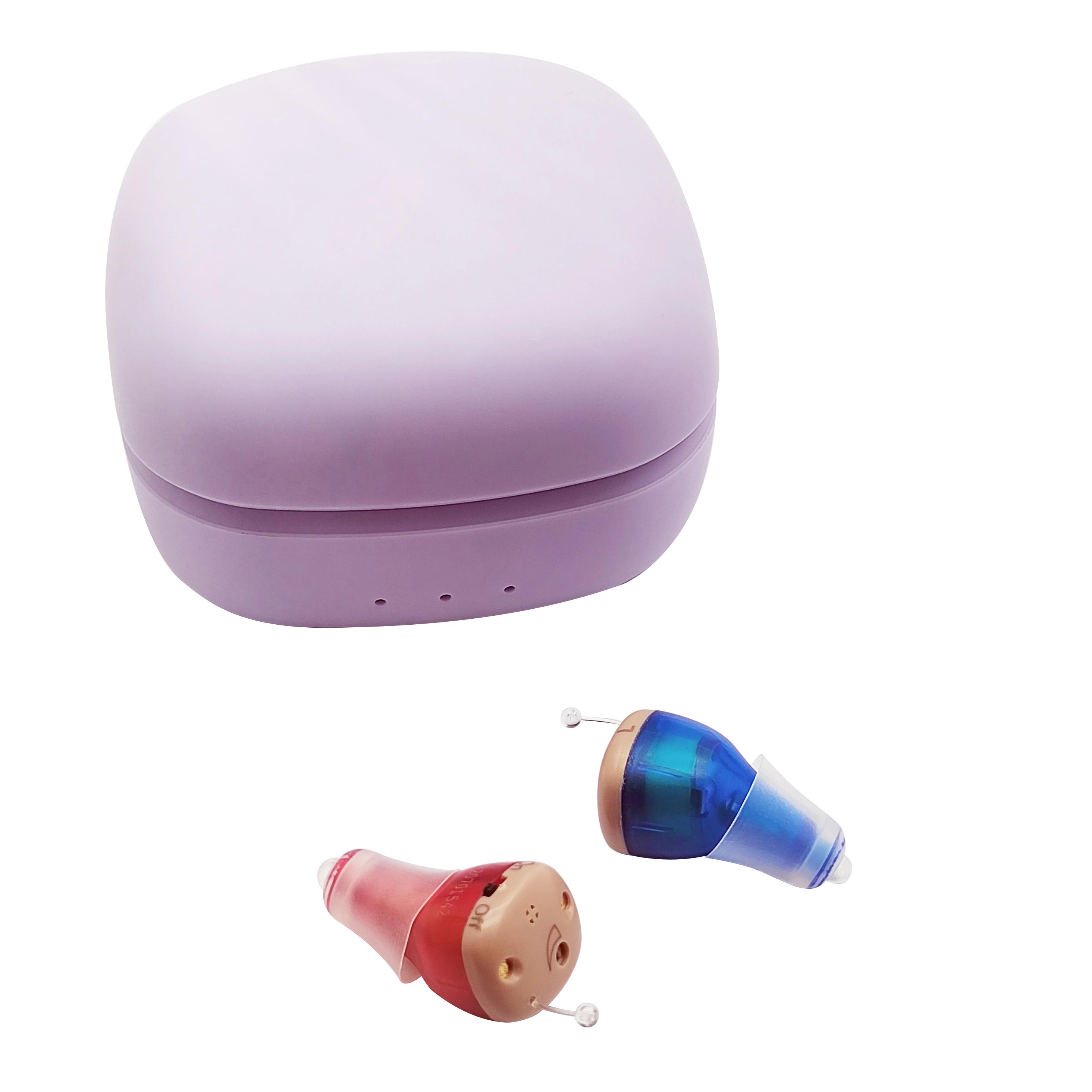 Hearing aids with purple and white boxes