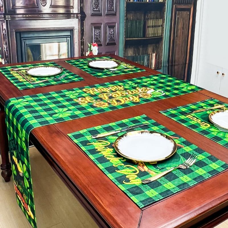 St. Patrick's Day Irish Pub Green Color Clover Gold Coins Linen Table Runner Set for Four People Washable Dining Table Runners