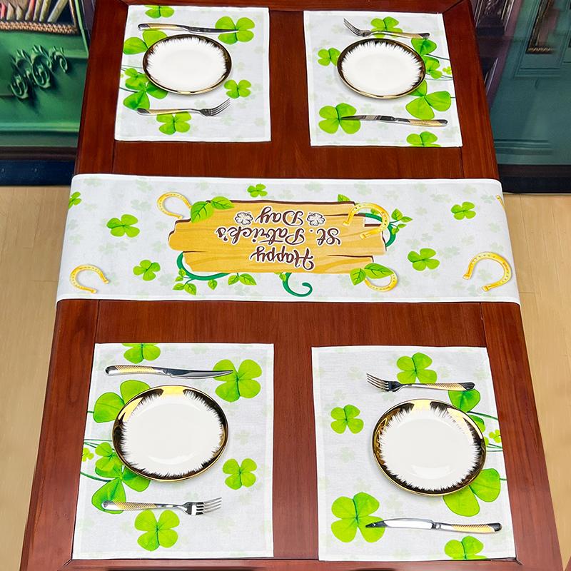 St. Patrick Spring Green shamrock Linen Table Runner Wedding Decoration Washable Table mat for Dining Green Party Decoration