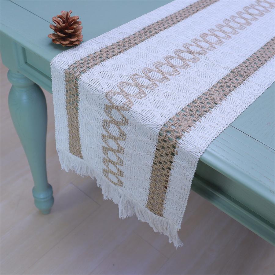 Burlap Cotton Linen Stripe Splicing Woven Tassel Natural table runner