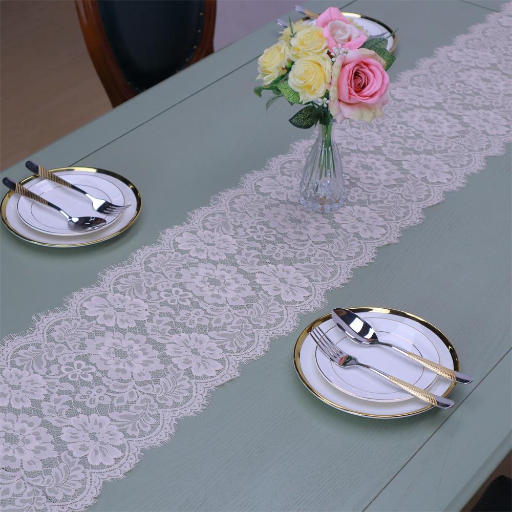 Embroidered Eyelash Lace Table Runner Vintage Solid Wedding Dining Table Decorations Table Cover for Wedding Party Home Kitchen