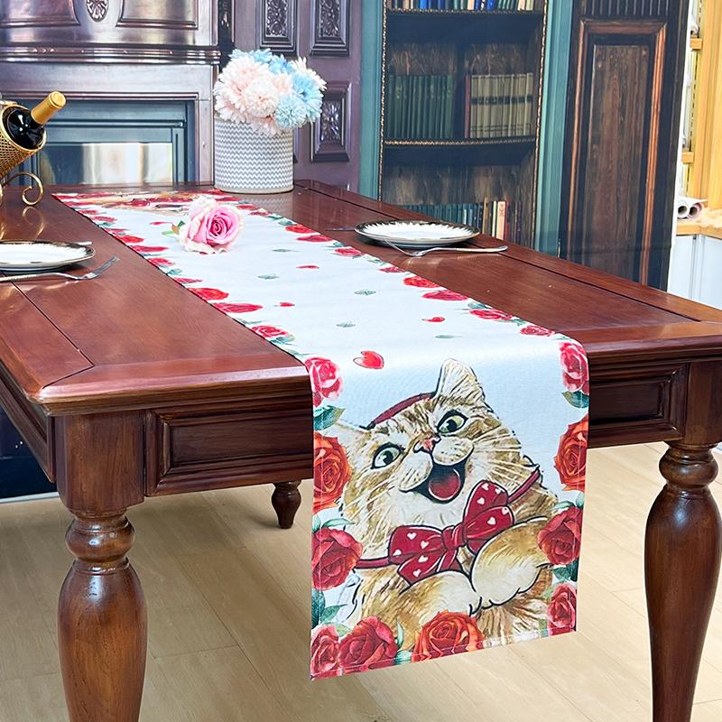 Valentine's Day Christmas high-grade Linen Table Runner For Dining Table Wedding Decoration Rose Cat Home Holiday Party Decor