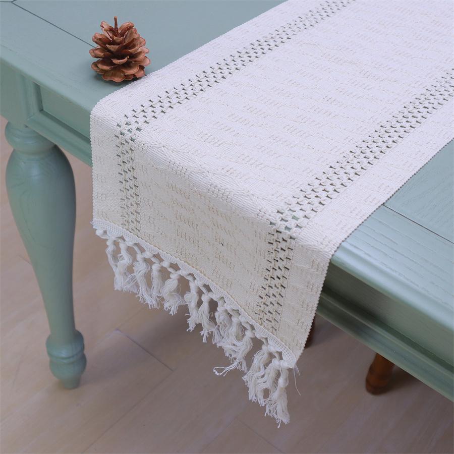 Handmake Hollowed-out Beige Woven Natural Linen Table Runner with Tessel Jacquard Decor for Kitchen Wedding Festival Parties