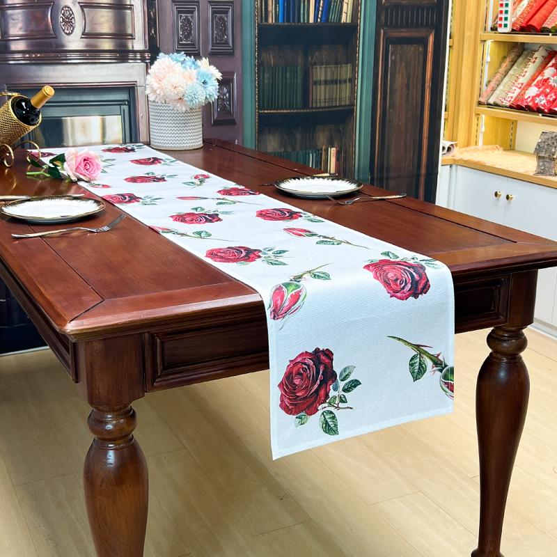 Red Rose Pattern Table Runner for Home Holiday Party Decor