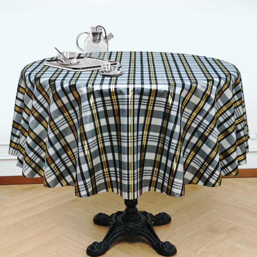 grey white gold checked tablecloth round shape