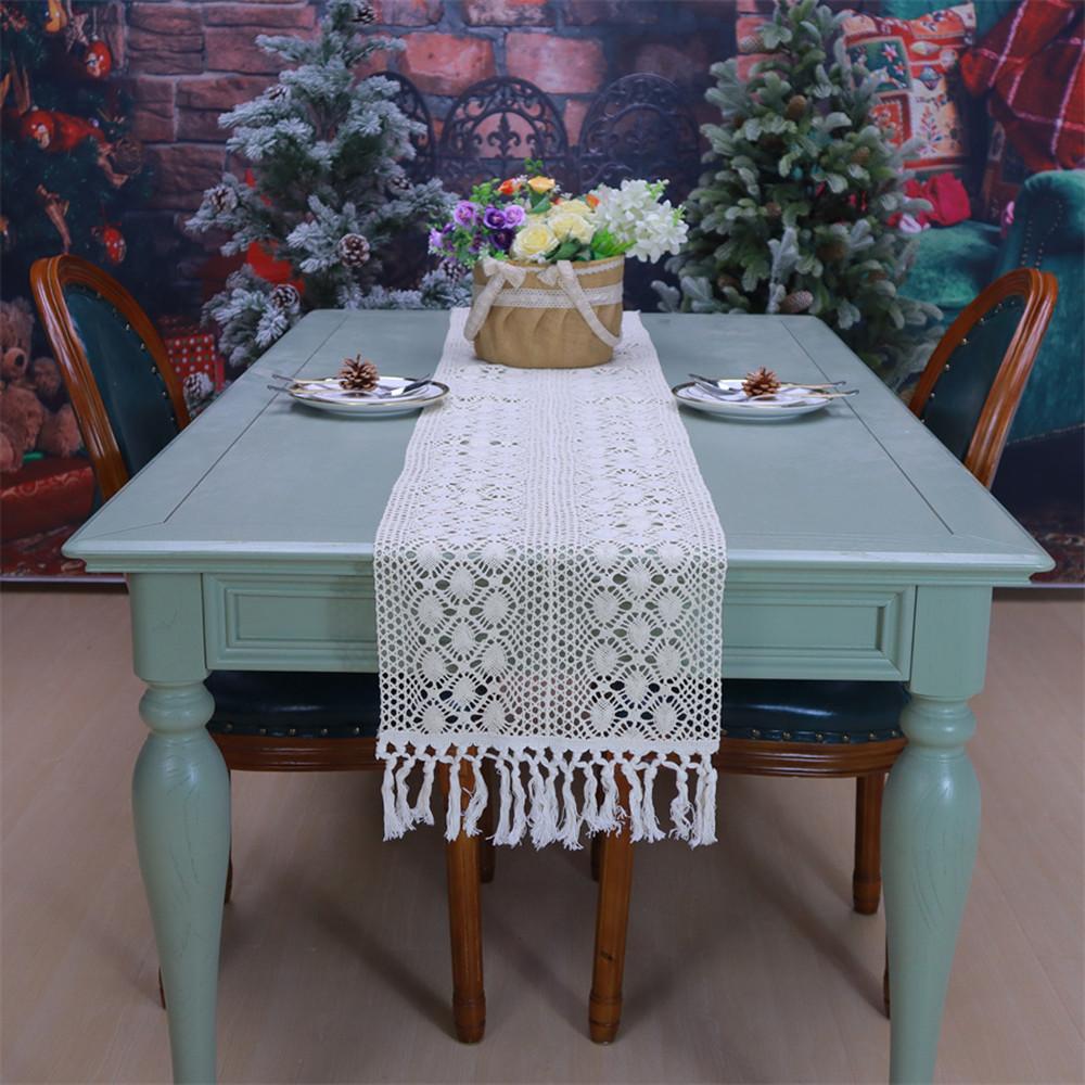 Vintage Cotton Linen Blending Table Runner Handmake Woven Lace Edge Side Table Cover for wedding festival parties