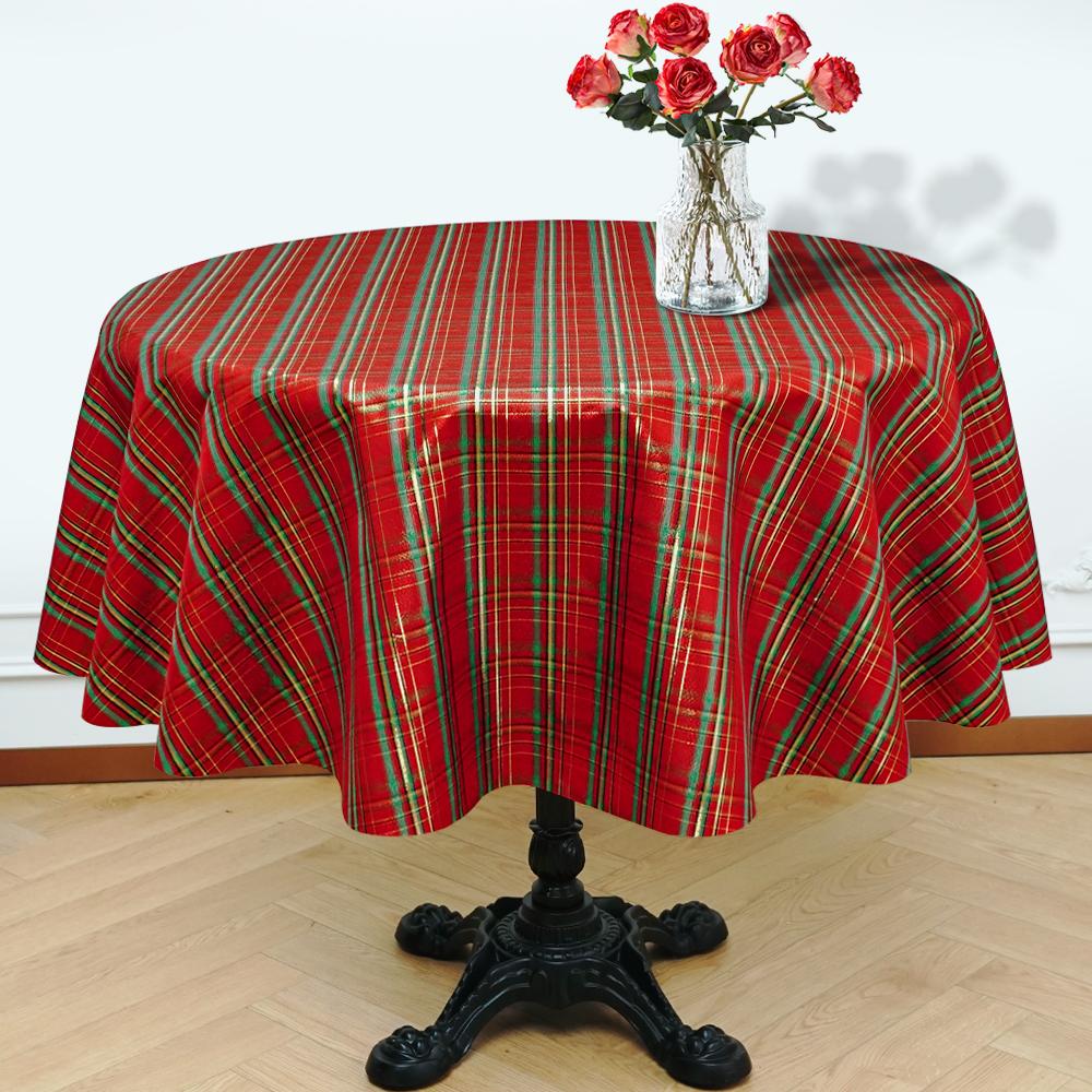 red green round checked tablecloth