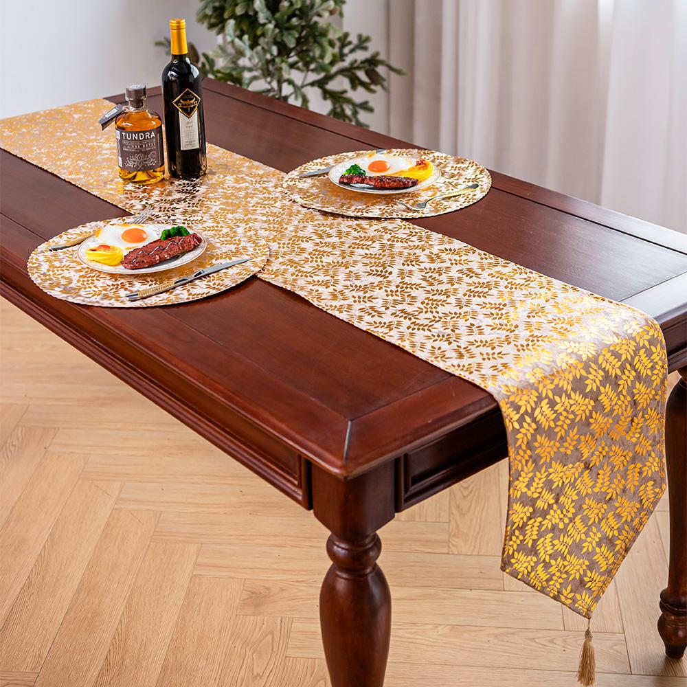 leaves with gold foil diamond velvet table runner with tassels