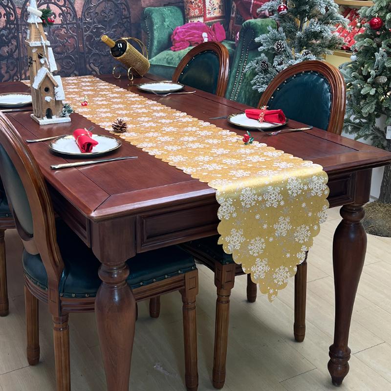 snowflake gold-tooled satin fabric table runner