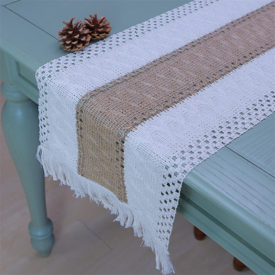 Brown White Table Runner Burlap Cotton Linen Stripe Splicing Woven Tassel Natural TV Cabinet Table Flag Dining Table Runner