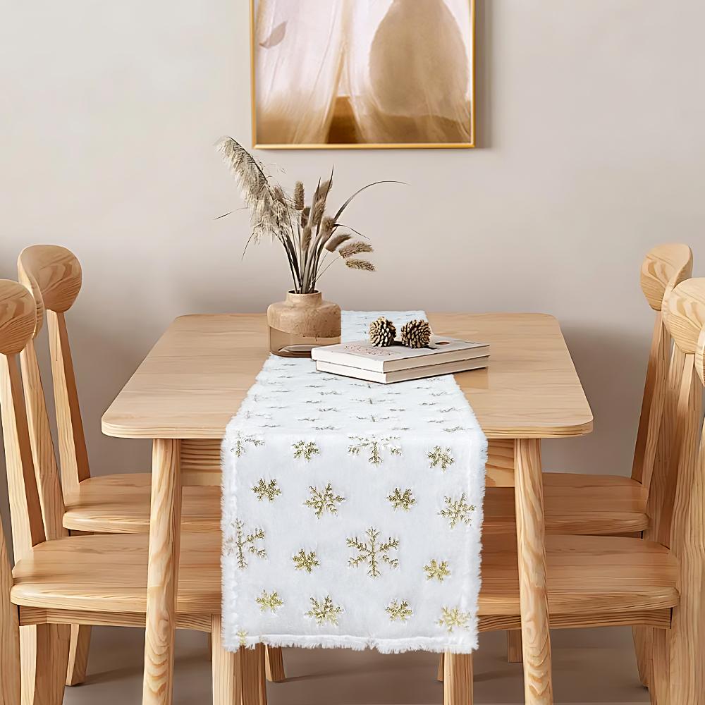 short plush table runner with snow flake