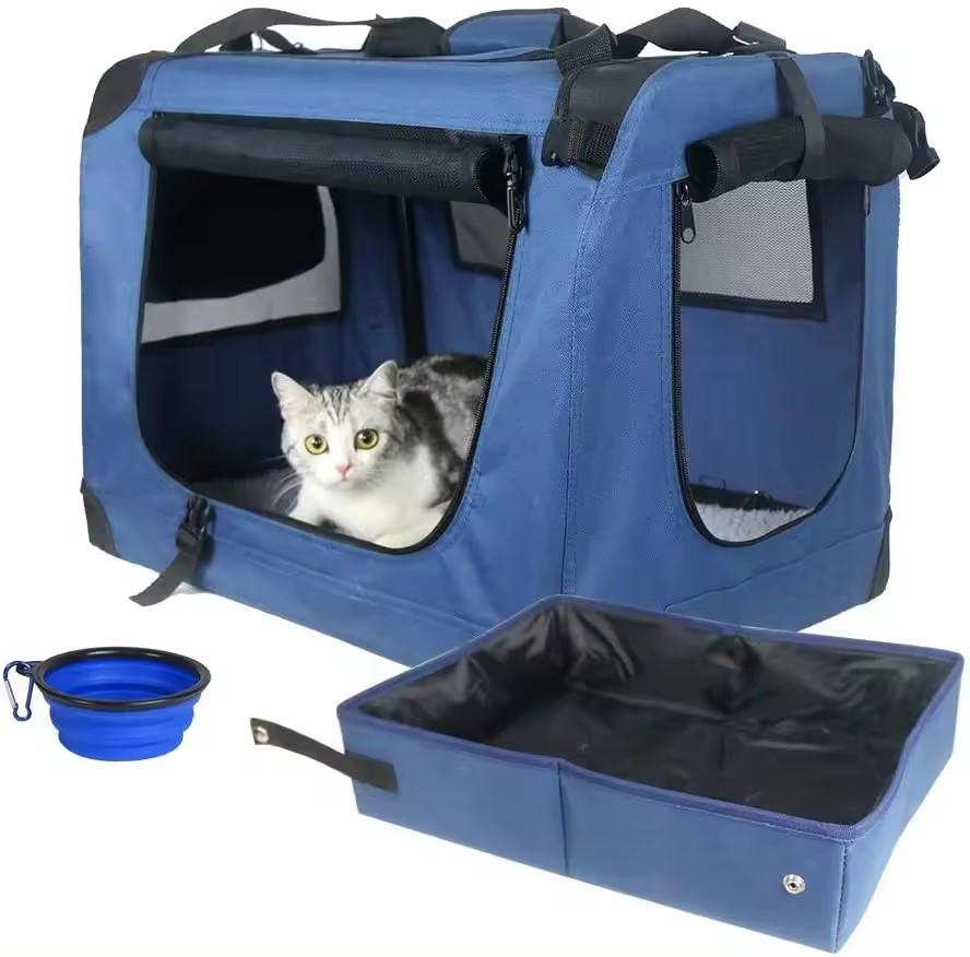 Pet Crate with Collapsible Litter Box and Bowl