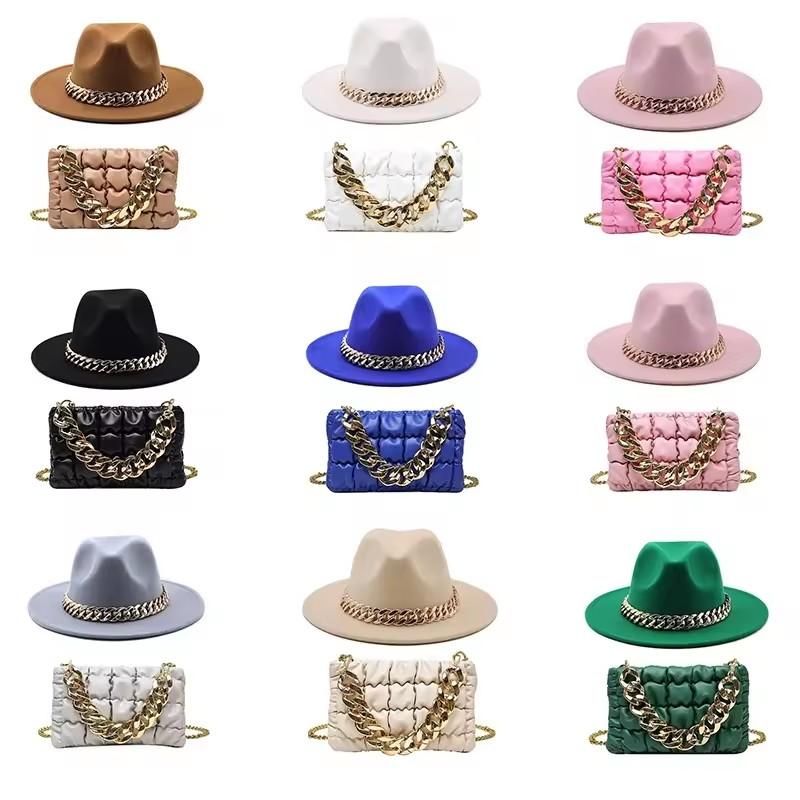 Ladies Classics Solid Fedora Hats With Gold Chain And Women Crossbody Bags Fedora Hats And Handbags Match set