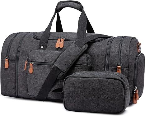 Sucipi Canvas Duffle Bag for Travel Overnight Carry on Bag with Shoe Compartment Weekender Duffel Bag with Toiletry Bag for Airplanes,Dark Grey