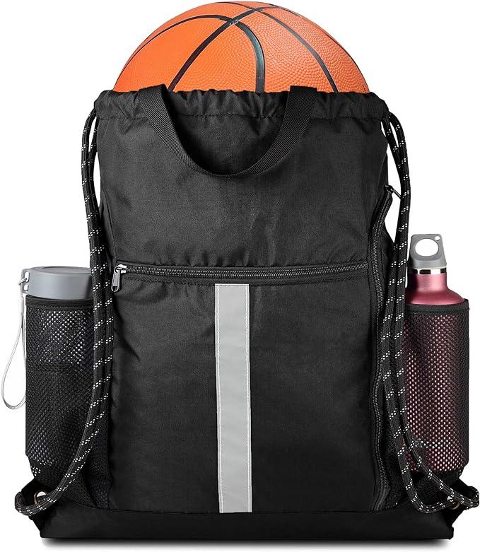 Drawstring Backpack Sports Gym Bag With Shoe Compartment and Two Water Bottle Holder