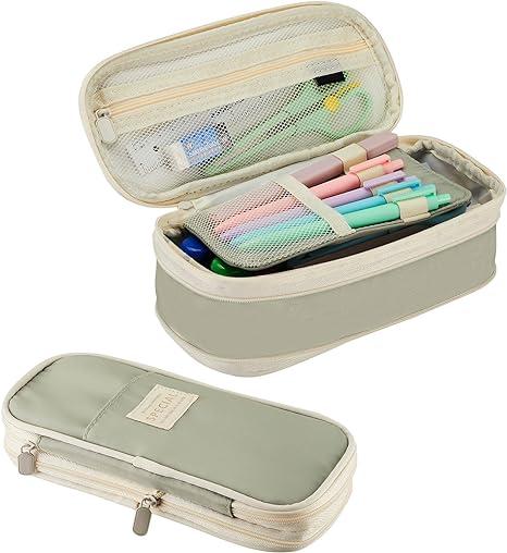 Pencil Case Pouch, Cute Aesthetic Big Capacity Zipper Pencil Cases Pen Portable Office Stationery Makeup Bag, Desk Organizer for College Adults Women Men- Green