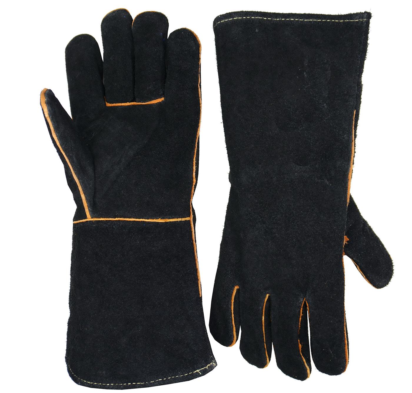 PRISAFETY 14" Black Full Fleece Lining EN388 EN407 Split Cowhide Hand Welder Tig Leather Welding Gloves 1303