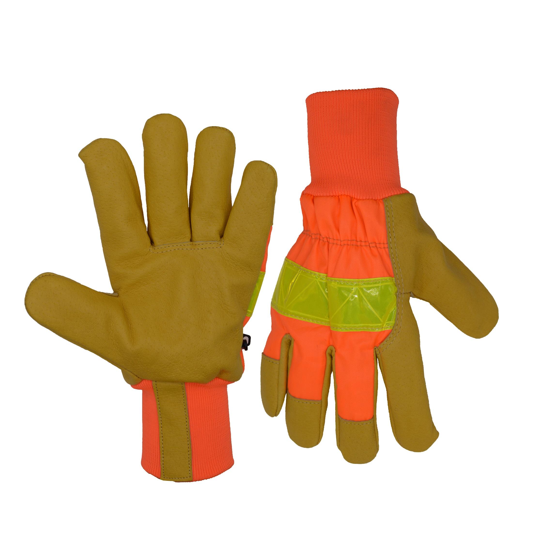 1215 PRISAFETY Prisafety High visual Orange Winter Leather Work Driver Pig Skin Reflective Gloves with Knitted Wrist Cuff