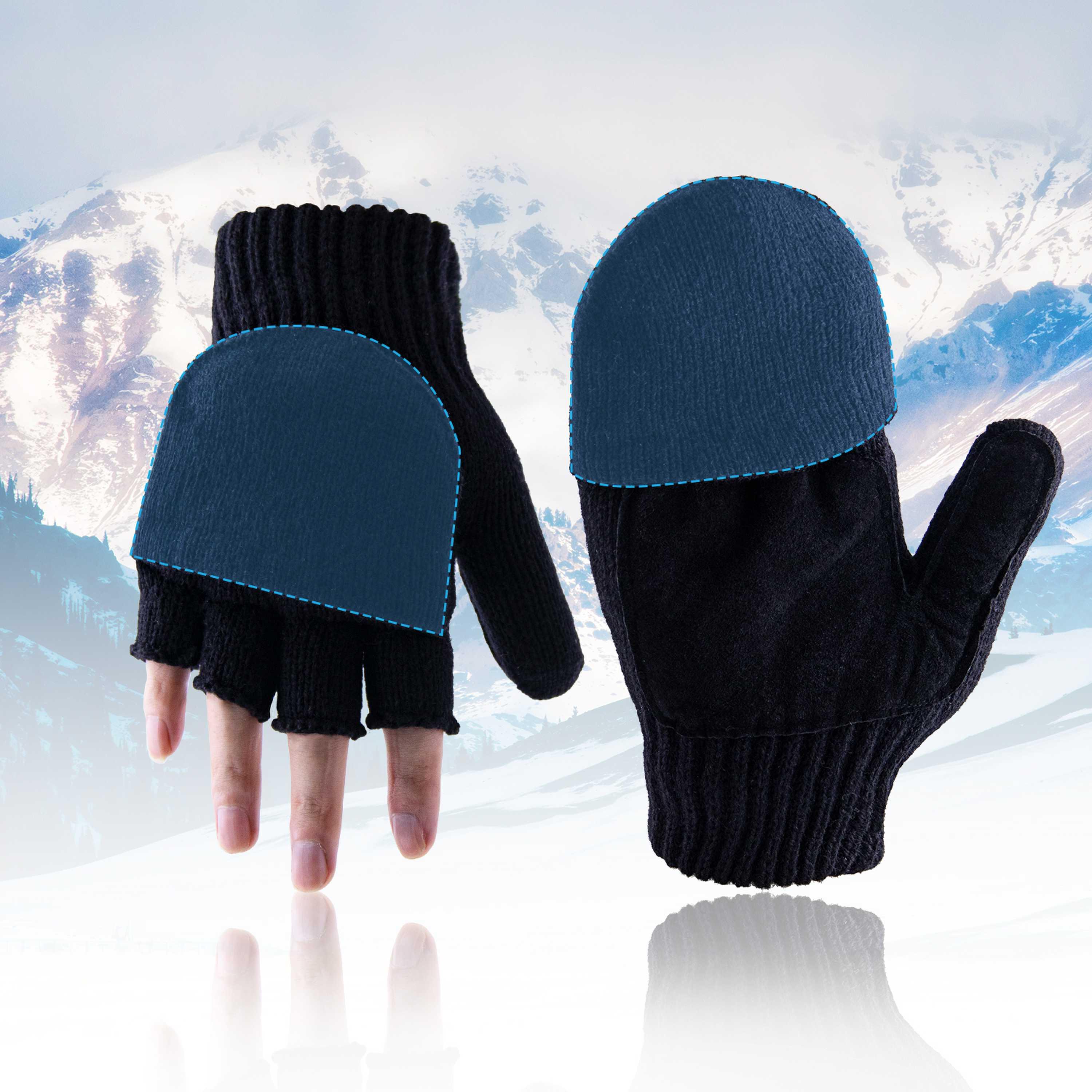 S713 PRI hot selling custom logo genuine pigskin wool thermal knit fleece mittens warm winter gloves